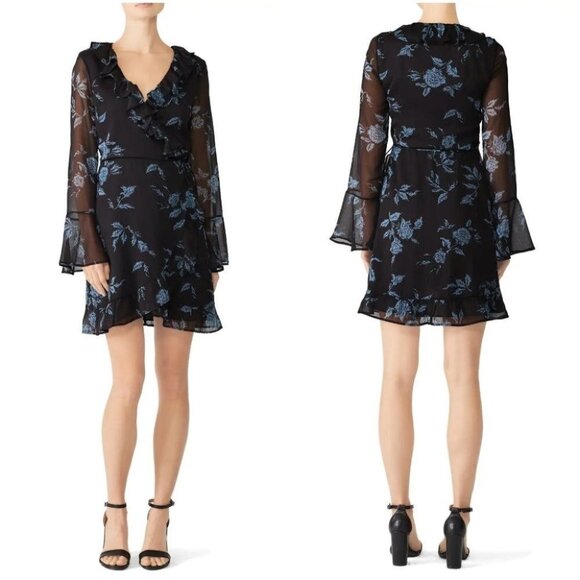 Cleobella Black Blue Floral Ruffle Wrap A-Line Dress $228 - Picture 1 of 12